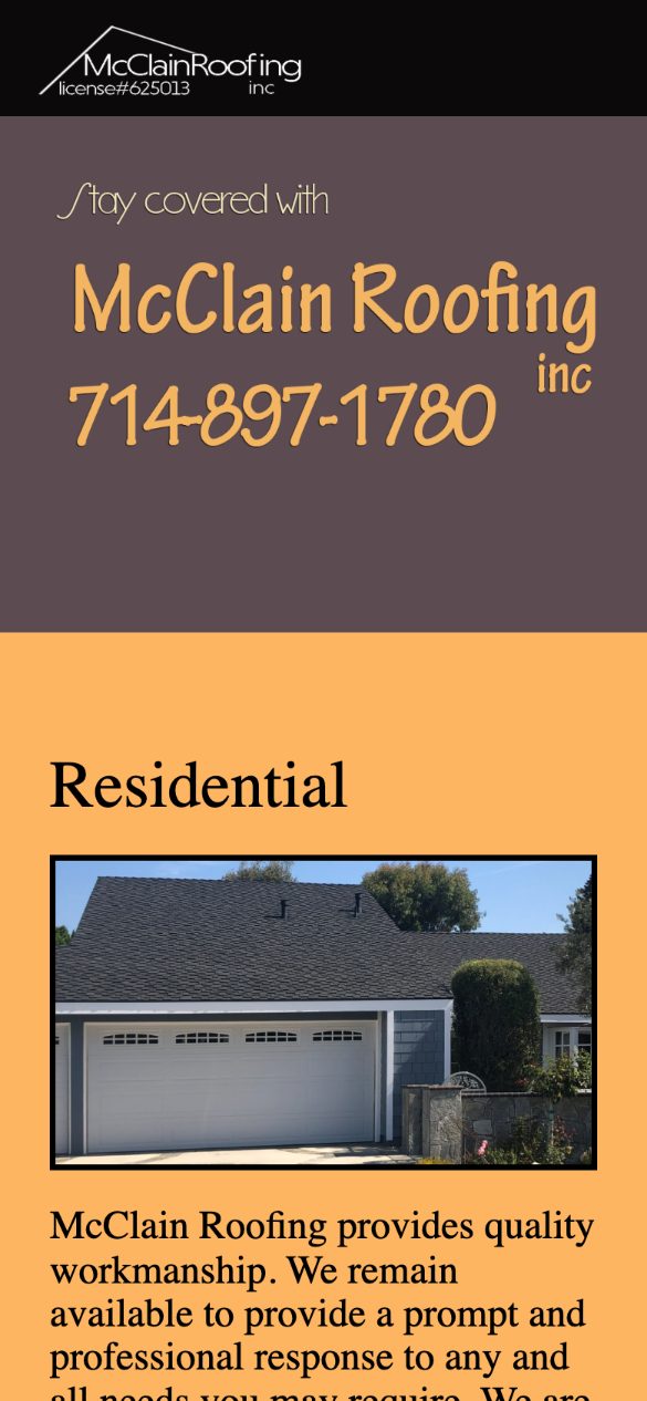 Screenshot of an archived 2025 copy of mcclainroofing.com on a phone: a plum-brown banner with the company name and phone number in orange lettering, then an orange band with a roof photo. The number is part of a picture.
