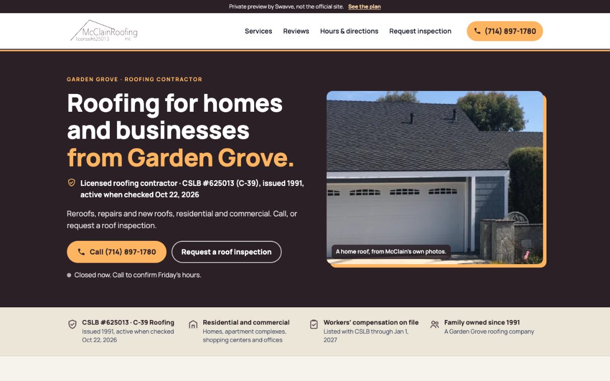 The new McClain Roofing Inc home page on a desktop: Roofing for homes and businesses from Garden Grove, Licensed roofing contractor · CSLB #625013 (C-39), issued 1991, active when checked Oct 22, 2026, a Call button and a photo of the company.