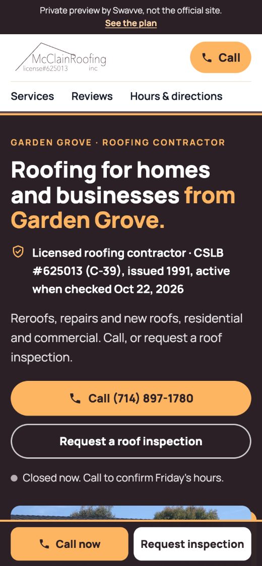 The new home page on a phone, with Call and Request inspection buttons fixed at the bottom.